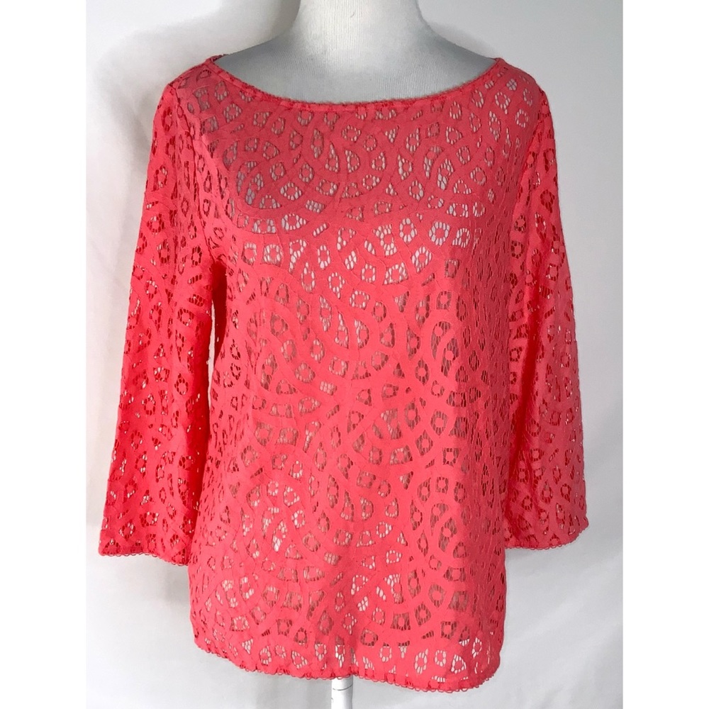 Loft Orangey Melon Lace 3/4 Sleeve Round Neck Casual Career Top Small NEW